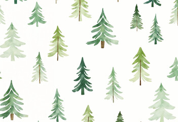 Illustration of watercolor pine tree seamless pattern on white background