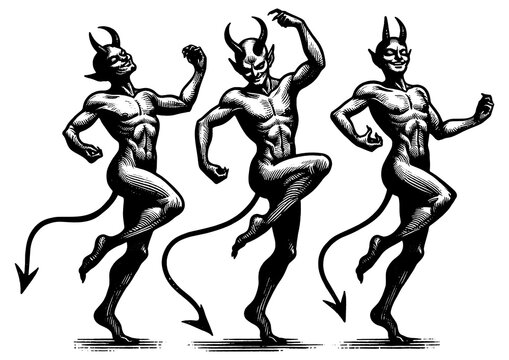 dancing devil with horns and tail, showcasing a mischievous and playful character sketch engraving generative ai fictional character PNG illustration. Scratch board imitation. Black and white image