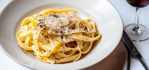 A gourmet pasta dish with truffle oil, shaved Parmesan, and black pepper, served in an elegant Italian restaurant setting