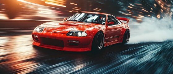 Tuned drift car with custom modifications speeding through a touge mountain road race blurred motion and action capturing the thrill and adrenaline of high performance drifting competition