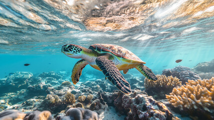 Naklejka premium Green Sea Turtle Swimming Through Coral Reef