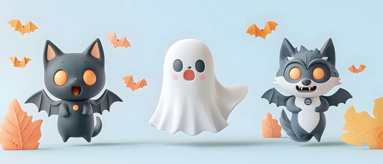 Fototapeta premium set of 3 Halloween characters in 3d clay design,a Ghost (The floating ghost in white cloth), a cute Vampire, and a wolf with the silly face, adorable and festive, isolated on a clean backgrond