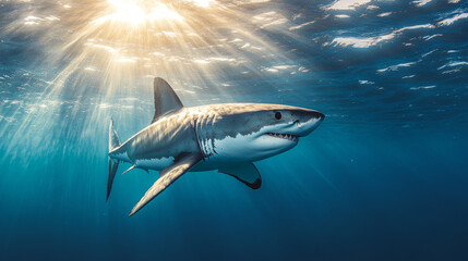Naklejka premium Great White Shark Underwater: Majestic Predator in the Ocean