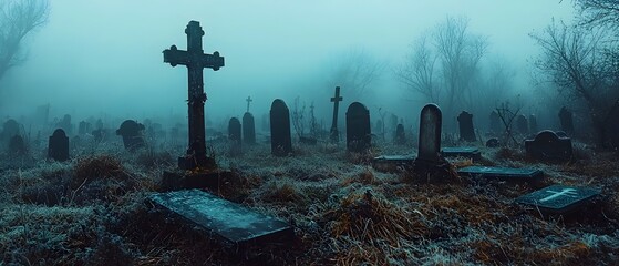 Haunting atmosphere in a foggy Victorian cemetery with old weathered gravestones and crosses emerging from the mist  Eerie and atmospheric scene with a spooky gothic ambiance