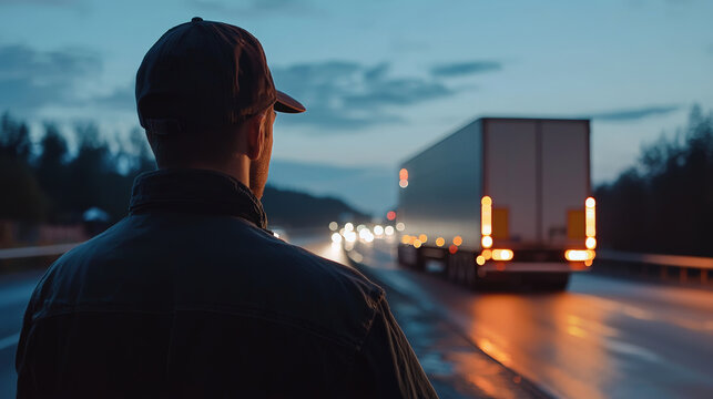 A truck driver stands on roadside at dusk, observing passing truck on wet highway. scene conveys sense of solitude and reflection.