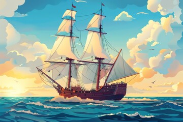A colorful illustration of a sailing ship at sunset, with warm hues of orange and pink, seagulls, and waves, creating a lively and adventurous scene.