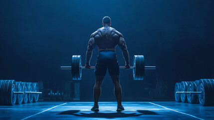 Strong weightlifter preparing to lift heavy barbell in dark gym