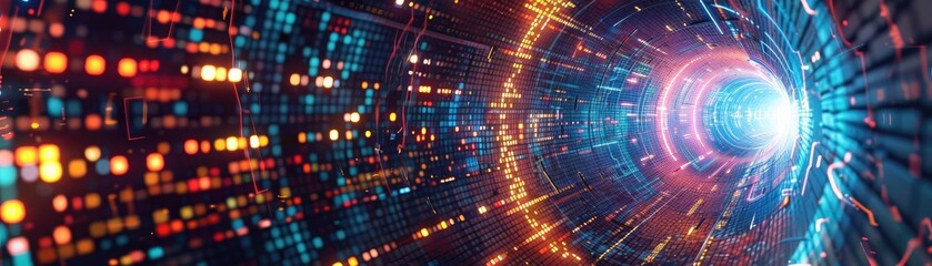 Futuristic abstract tunnel with vibrant lights and data streams, conveying technology and innovation in a digital space.