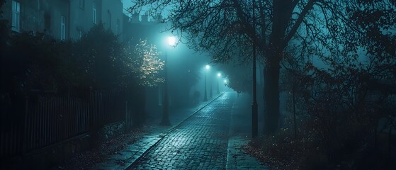 Obraz premium Moody and atmospheric image of a foggy Victorian era street on a haunting Halloween night with eerie shadows cast across the cobblestone road and trees The scene has a gothic supernatural feel
