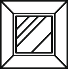 Square window frame with glass reflecting light in black and white line art