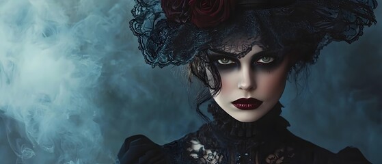 A haunting portrait of a Victorian vampire striking a dramatic and alluring pose in a dark elegant Halloween ensemble