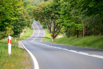 Fototapeta premium An asphalt road going through a forest in Masuria