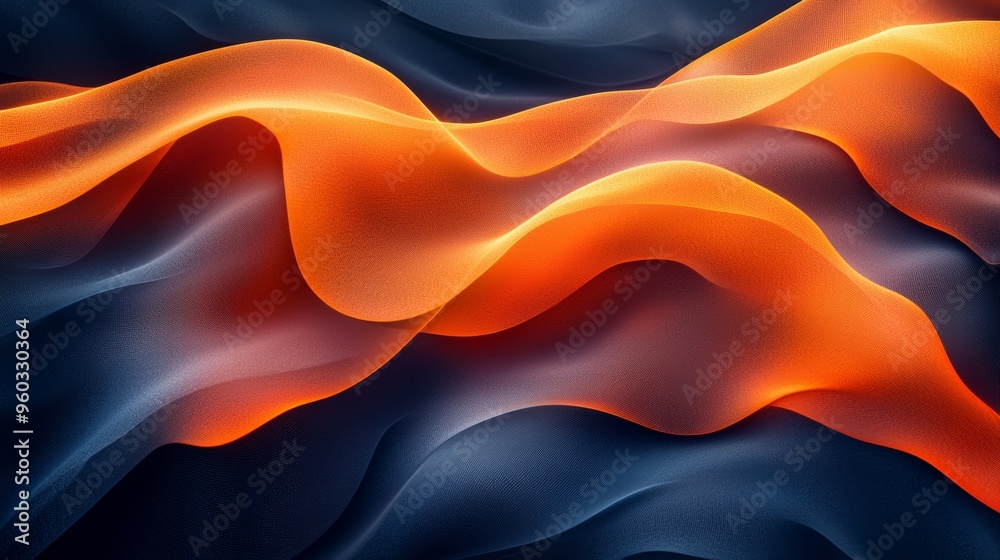 Poster abstract flowing waves with a blend of orange and dark blue colors on a smooth surface, creating a d