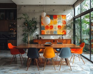 Stylish Mid-Century Modern Dining Room with Wooden Table and Colorful Chairs