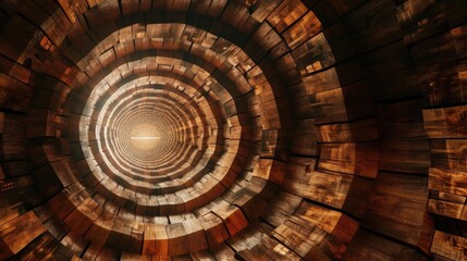 Fototapeta premium A captivating view inside a wooden tunnel, highlighting the symmetry and textures of the circular structure.