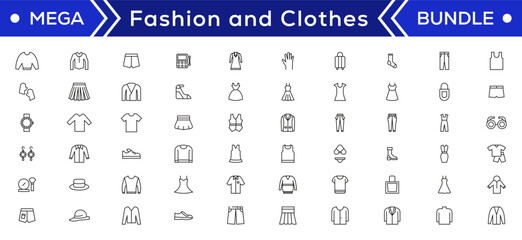 Fashion Minimal line icons collection. Jacket, Winter Coat, Sweatshirt, Dress, Hoody, Jeans, Hat icon for apps and website