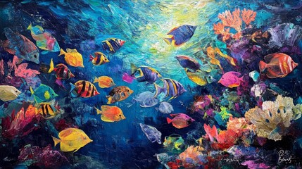 A vibrant underwater scene with a large school of colorful reef fish darting through coral reefs, showcasing their diversity and movement