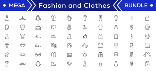 Fashion Minimal line icons collection. Jacket, Winter Coat, Sweatshirt, Dress, Hoody, Jeans, Hat icon for apps and website