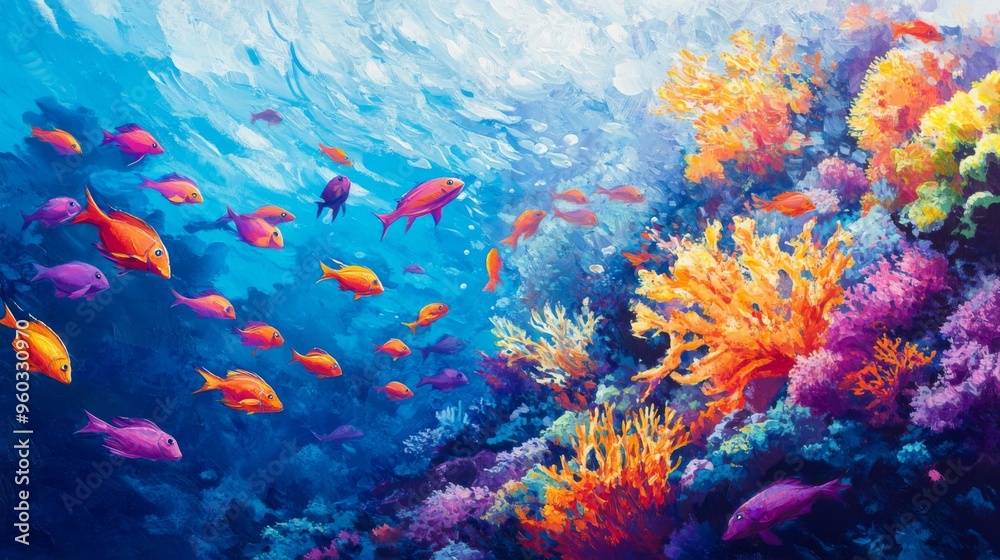 Poster a vibrant underwater scene with a large school of colorful reef fish darting through coral reefs, sh