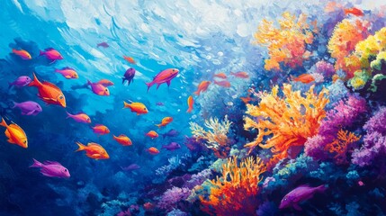 A vibrant underwater scene with a large school of colorful reef fish darting through coral reefs, showcasing their diversity and movement