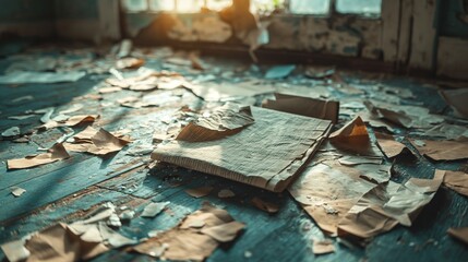 Naklejka premium Sunlight filters through the window of an abandoned room littered with old, crumpled papers and decaying remnants.
