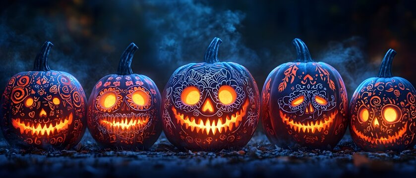 Elaborately carved Halloween jack o  lanterns with Da de los Muertos inspired tribal and skull patterns glowing with flickering flames in a dark mysterious setting   a spooky