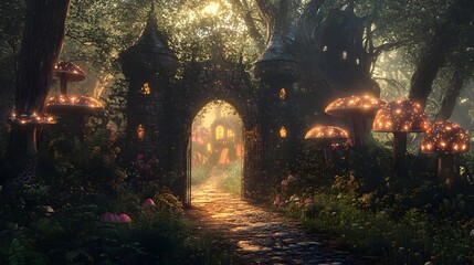 Fototapeta premium A castle gate opening to reveal a mystical forest, glowing mushrooms and enchanted trees, a path leading to a hidden fairy village, soft, ethereal light filtering through the leaves, the atmosphere