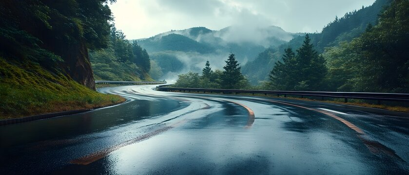 Dramatic winding mountain road snaking through a lush misty forested landscape perfect for thrilling touge style motorsport racing adventures through the wilderness