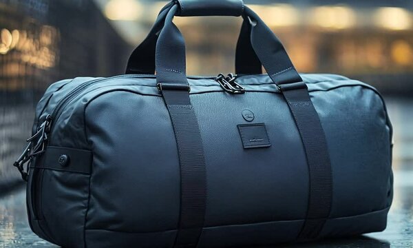 A Stylish Black Duffle Bag on a Wet Surface