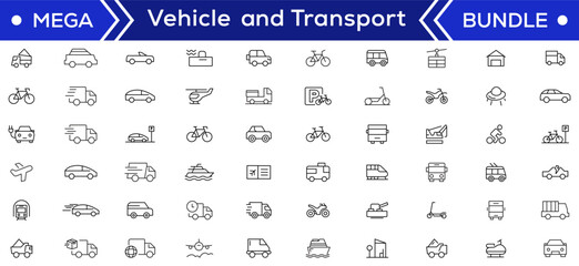 Vehicle and Transport line icon set. Containing car, bike, plane, train, bicycle, motorbike, bus and scooter icons. Transportation Simple line icon collections