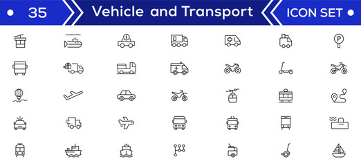 Vehicle and Transport line icon set. Containing car, bike, plane, train, bicycle, motorbike, bus and scooter icons. Transportation Simple line icon collections