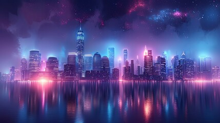 Fototapeta premium Cityscape on a dark background with bright and glowing neon purple and blue lights. Night city with futuristic urban architecture. Growing metropolis, city development neon colors. 3d rendering