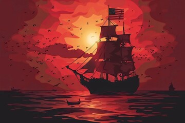 A dramatic silhouette of a sailing ship with red sails, set against a fiery sunset, surrounded by artistic splashes and textures in a digital illustration style.