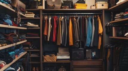 A well-organized wardrobe with a mix of hanging clothes, folded items on shelves, and accessories in compartments, showcasing a practical and aesthetic storage solution