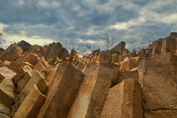 Small trees with yellowed leaves grew on the columnar jointing. Interesting stone formations under...
