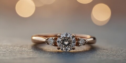 A diamond ring is on a table a bright background.