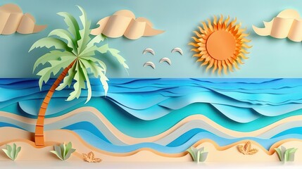 Fototapeta premium tropical beach paper art with blue ocean palm tree and sun