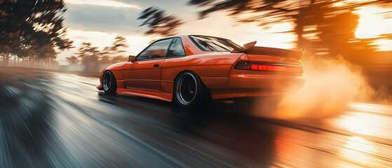 A high performance tuned sports car drifting skillfully through a winding touge mountain road at dramatic sunset with motion blur dust and a vibrant atmospheric lighting creating an intense