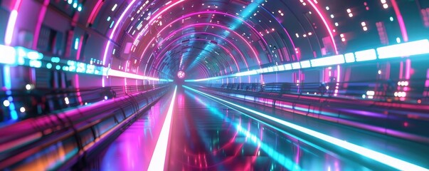 Vibrant tunnel with glowing lights creating a dynamic, futuristic atmosphere. Ideal for technology and science fiction themes.