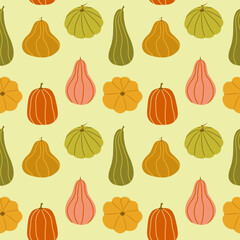 Pumpkin Seamless Pattern, Vector Seamless Pattern on a light green background