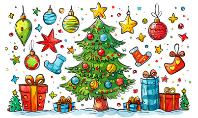 New Year and Christmas card, graphic advertising backgrounds in a doodle 2D illustrator style