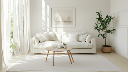 Beautiful House or apartment livingroom interior design for a mockup home decor model concept, Sofa with pillows and abstract poster art, bright sun light coming through windows