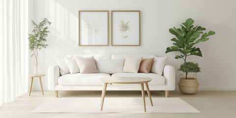 Beautiful House or apartment livingroom interior design for a mockup home decor model concept, Sofa with pillows and abstract poster art, bright sun light coming through windows