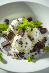 ice cream dessert, elegantly garnished with dark chocolate and assorted berries, placed on a spotless white surface