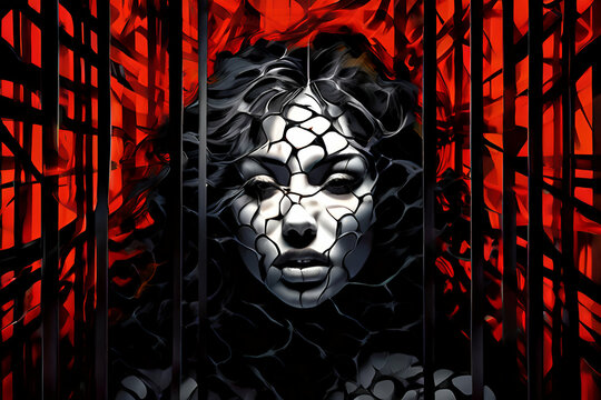 A woman trapped within a cage of psychedelic patterns that twist and turn around her. her expression reflecting despair as she struggles to break free.