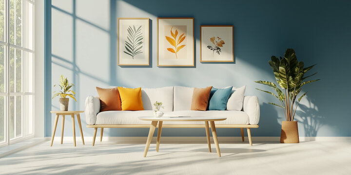 Beautiful House or apartment livingroom interior design for a mockup home decor model concept, Sofa with pillows and abstract poster art, bright sun light coming through windows