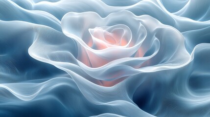 Obraz premium A delicate pink rose gracefully emerges from billowing, translucent layers of soft blue fabric, creating an ethereal visual experience