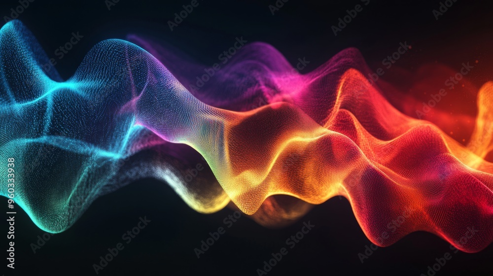 Poster Abstract digital representation of colorful electric waves moving through the air, symbolizing data transmission, communication, and technology advancements.