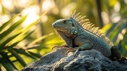 Obraz premium Green Iguana on a Rock in a Tropical Setting