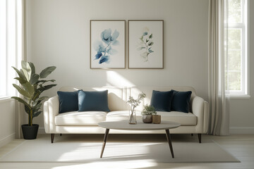 Fototapeta premium Beautiful House or apartment livingroom interior design for a mockup home decor model concept, Sofa with pillows and abstract poster art, bright sun light coming through windows